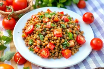 Чечевичный салат с помидорами и зеленью.