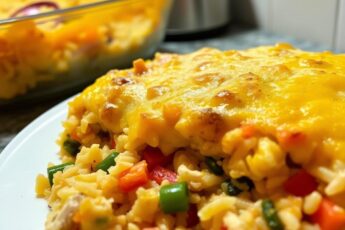 Сытная запеканка с рисом, курицей и овощами под сырной корочкой